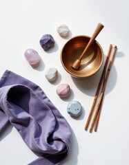 Brass Singing Bowl and Colorful Stones Flatlay on White Background