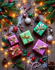 Festive Christmas Gifts on Rustic Wood with Lights and Ornaments
