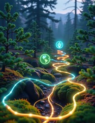 Luminous Neon Path Through Mossy Forest with Glowing Orbs