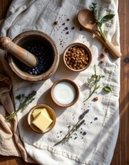 Rustic Kitchen Still Life Blueberries, Granola, and Cream in Wooden Bowls