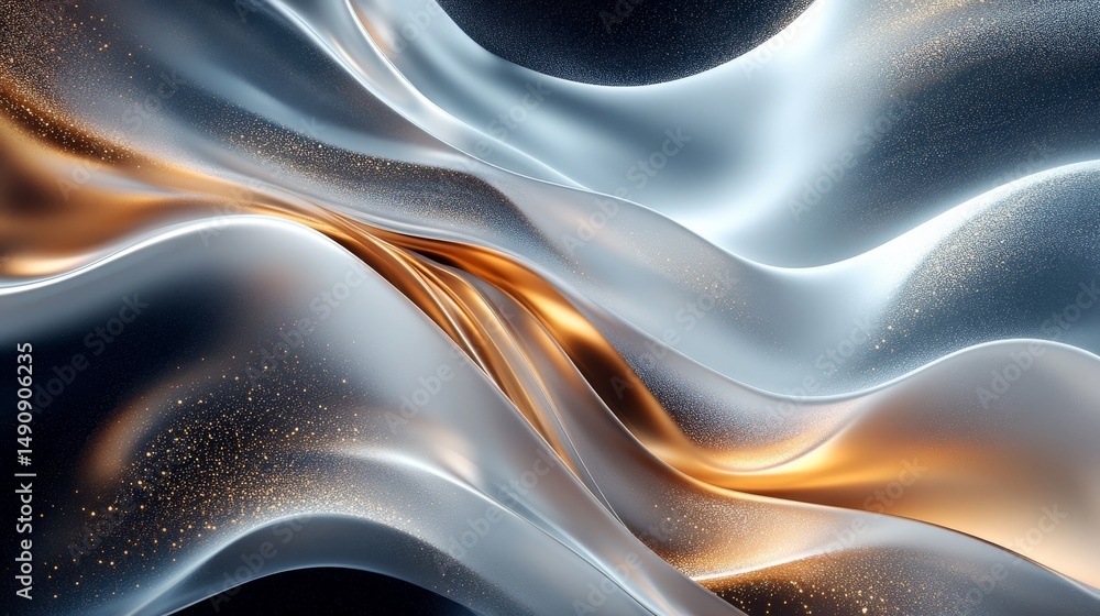 Poster abstract design of flowing metallic forms.