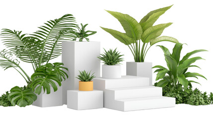 Obraz premium Modern Plant Display on Geometric White Steps with Lush Greenery and Vibrant Pots for Decoration