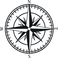 navigation compass icon, Black and white compass rose navigation direction.