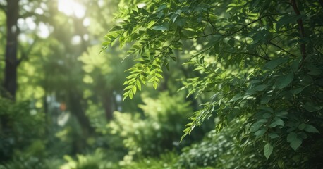 Fototapeta premium Blurred green foliage, soft light, indistinct shapes, bokeh, foliage