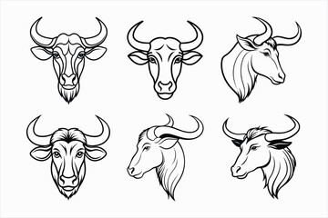set of wildebeest head line art vector illustration