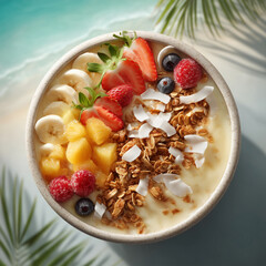 A tropical smoothie bowl topped with granola, coconut, and fresh fruit, bright beachside setting, vibrant colors, crisp textures