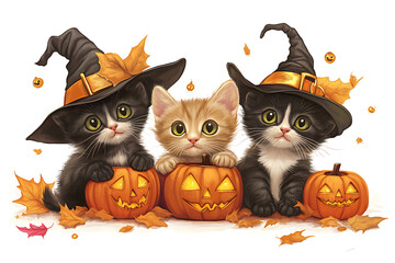 Three adorable kittens wearing witch hats sit among carved pumpkins and autumn leaves