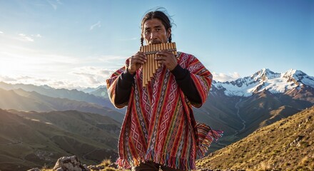Andean Man in Colorful Poncho Playing Pan Flute High in Peruvian Mountains