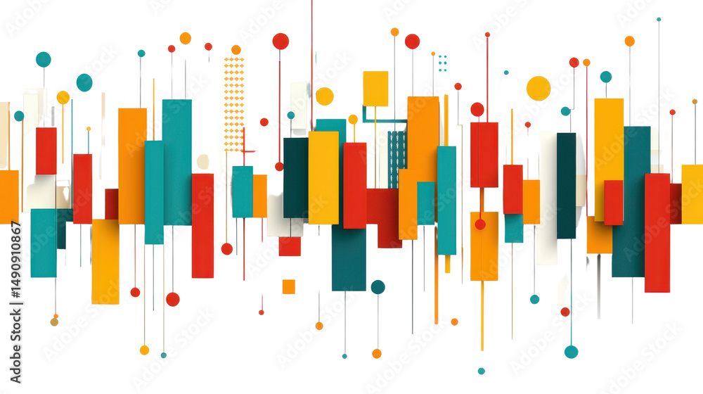 Poster colorful geometric shapes and patterns on a black background creating modern abstract art design