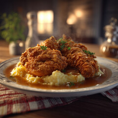 A plate of golden crispy fried chicken with mashed potatoes and gravy