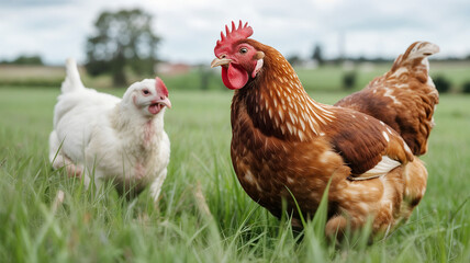 Fototapeta premium Two hens in a grassy field, one brown, one white