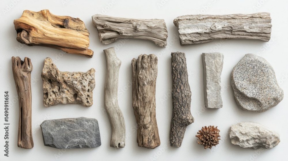 Poster arrangement of various natural objects on a light surface.