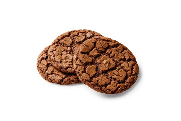 Three chocolate cookies stacked on white background