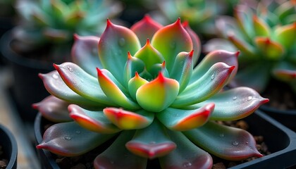 Fototapeta premium Vibrant Succulent with RedTipped Leaves and Water Droplets CloseUp