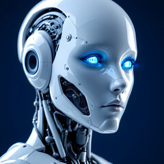 Futuristic android portrait with bioluminescent eyes evokes advanced technology