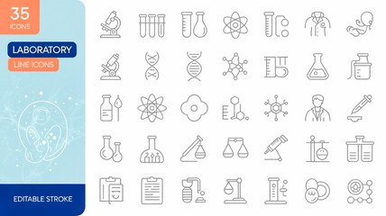 A set of 36 laboratory and scientific line icons arranged in a grid format