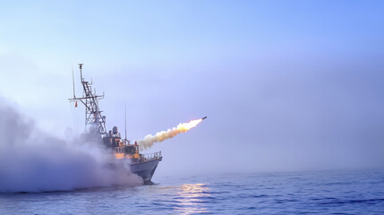 naval vessel launches missile into sky, creating dramatic scene with smoke and water. atmosphere is tense and powerful