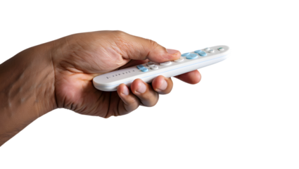 Hand holding a white remote control isolated on transparent background