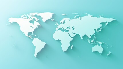 Minimalist 3d world map on soft blue gradient background with simplified earth design