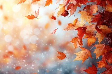 Vibrant autumn leaves swirl gently in the air amidst a soft, blurred background of warm colors and cool tones