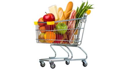 Full shopping cart with fresh produce groceries isolated on transparent background