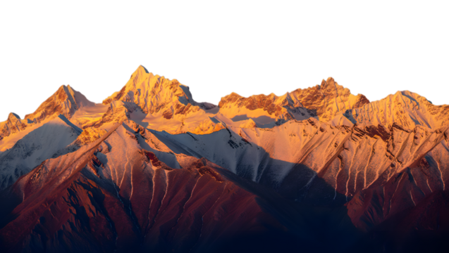 Majestic snow capped mountain range at sunrise isolated on transparent background