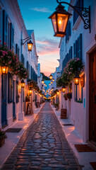 Fototapeta premium Charming cobblestone alley illuminated by vintage lanterns in a picturesque village at dusk 