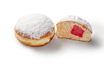 Delicious jelly doughnuts with powdered sugar on white background