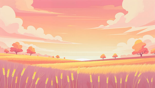 Vibrant sunset over golden wheat fields with gentle hills and trees in a serene landscape