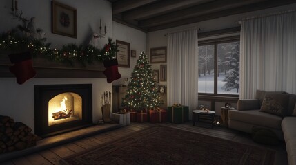 Cozy Fireplace and Christmas Tree in a Winter Scene Indoor Living Room
