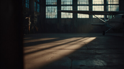Light aircraft inside the hangar with the sun trapped inside the hangar