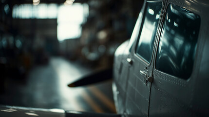 Light aircraft inside the hangar with the sun trapped inside the hangar