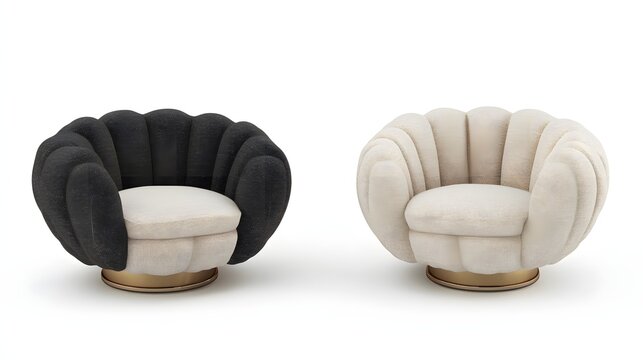 Two elegantly designed upholstered armchairs in contrasting colors.