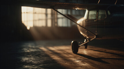 Light aircraft inside the hangar with the sun trapped inside the hangar