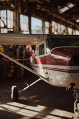 Light aircraft inside the hangar with the sun trapped inside the hangar
