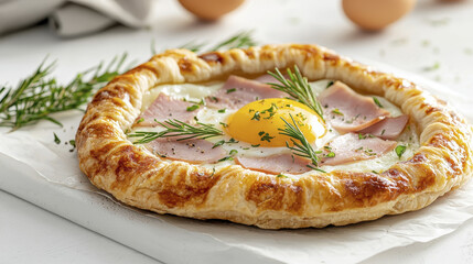 Delicious pastry with egg, ham, and herbs, perfect for breakfast or brunch, showcasing golden crust and fresh ingredients