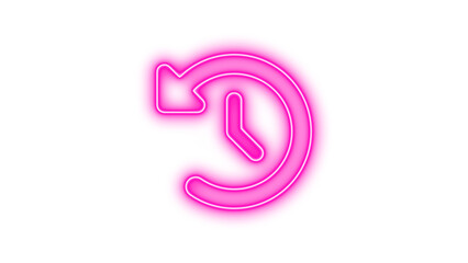 Neon icon of a clock with an arrow indicating a time reset or rewind, Neon clock rotate left icon glow with transparent background