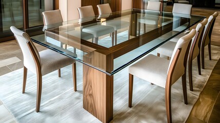 Modern dining table with glass top and wooden base.