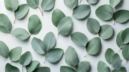 Light green eucalyptus leaves arranged on a white background.