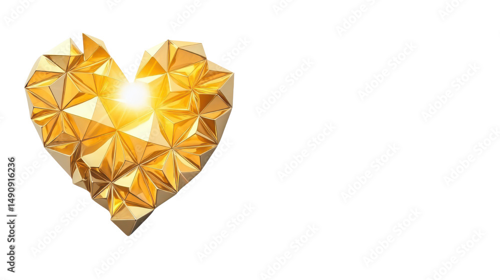 Poster abstract golden heart shape with geometric patterns and radiant light effect for creative projects