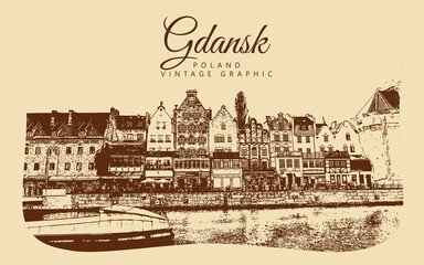 City ancient architecture, Gdansk, Poland. Vintage brown and beige graphics, engraved, vector. Old retro design.