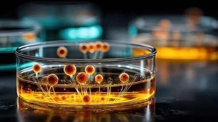 Fungal colonies flourish on a cultured surface in a cutting-edge laboratory setting with vibrant details