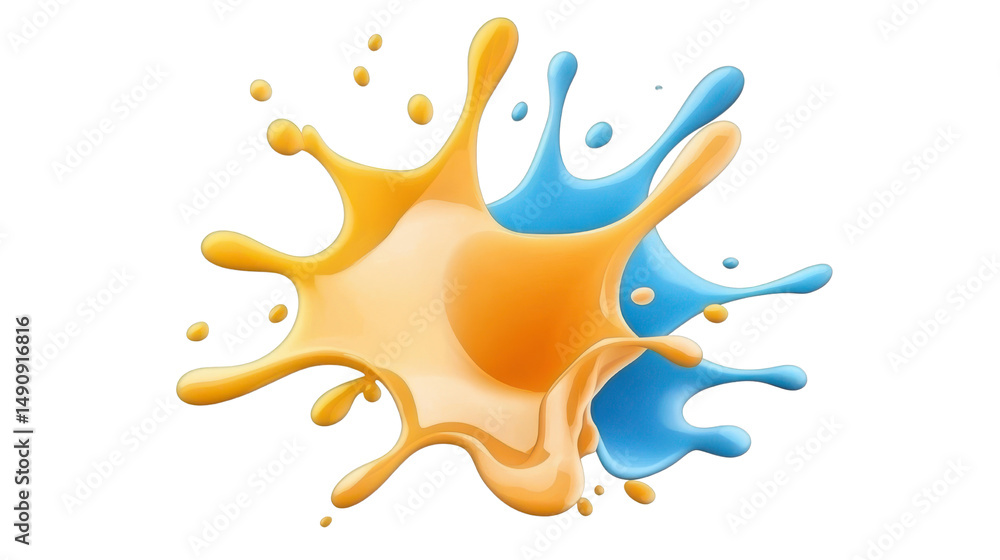 Poster dynamic splash of yellow and blue paint creating energetic abstract art on transparent background