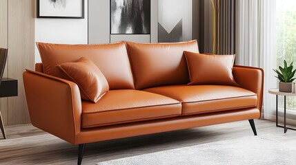 Fototapeta premium Contemporary, caramel-colored sectional sofa in a modern living room.