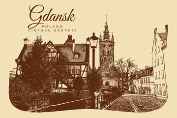 City ancient architecture, Gdansk, Poland. Vintage brown and beige graphics, engraved, vector. Old retro design.