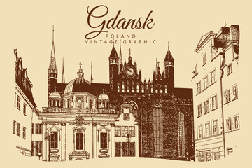 City ancient architecture, Gdansk, Poland. Vintage brown and beige graphics, engraved, vector. Old retro design.