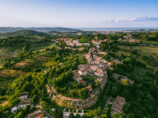 Italy, May 15, 2025: aerial view of the medieval village of Candelara in the province of Pesaro in the Marche region. The town exudes ancient history and serenity
