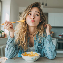 beautiful young woman eating potato chips with chopsticks, sitting at a table
