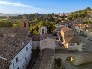 Italy, May 15, 2025: aerial view of the medieval village of Candelara in the province of Pesaro in the Marche region. The town exudes ancient history and serenity
