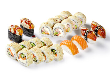 Sushi set with salmon nigiri, sesame rolls, fried eel rolls and gunkan maki on white background